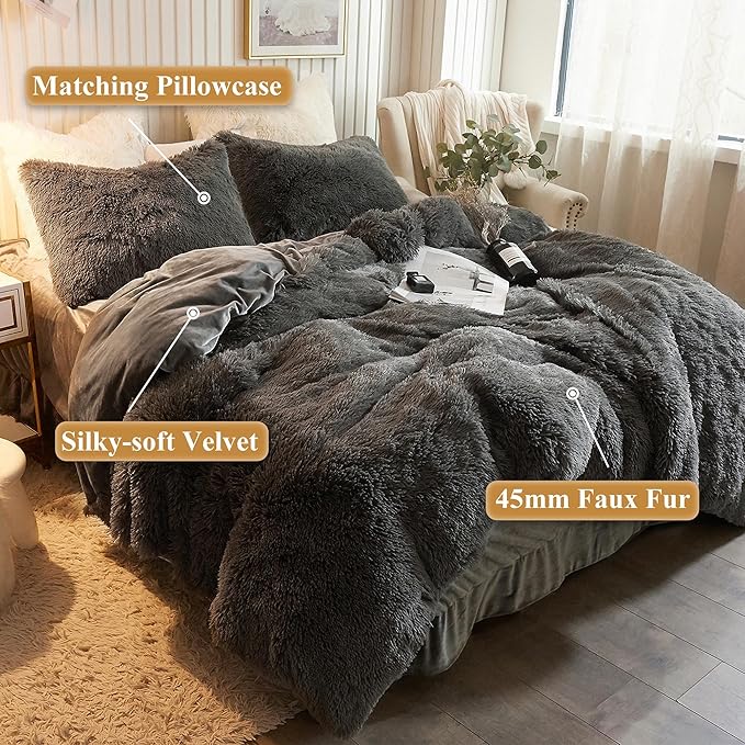 XeGe Plush Shaggy Duvet Cover Set, Luxury Ultra Soft Crystal Velvet Fluffy Bedding Set 2 Pieces(1 Faux Fur Furry Comforter Cover + 1 Fuzzy Faux Fur Pillowcase), Zipper Closure(Twin, Dark Gray)