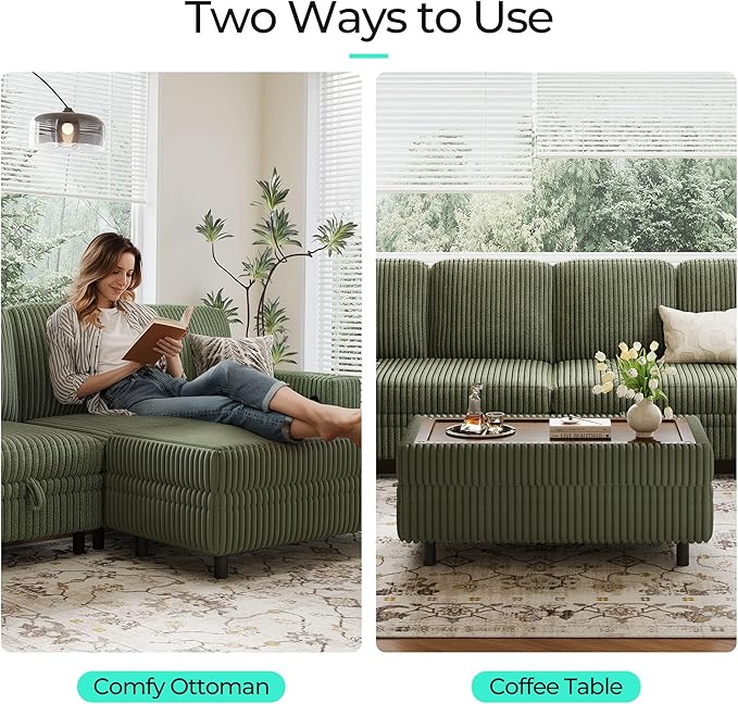 LINSY HOME Sectional Sleeper Sofa Storage Ottoman Bench, Convertible Coffee Table Plush Corduroy Couch Ottoman Footstool for Living Room, Bedroom Entryway and Family Room, Green