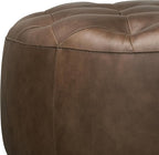 Poly & BARK Ascot Ottoman – 40" Round Pouf with Feather-Down Topper – Full-Grain Leather Upholstered Pouf Ottoman for Living Room – Vintage Italian Leather in Cocoa Brown
