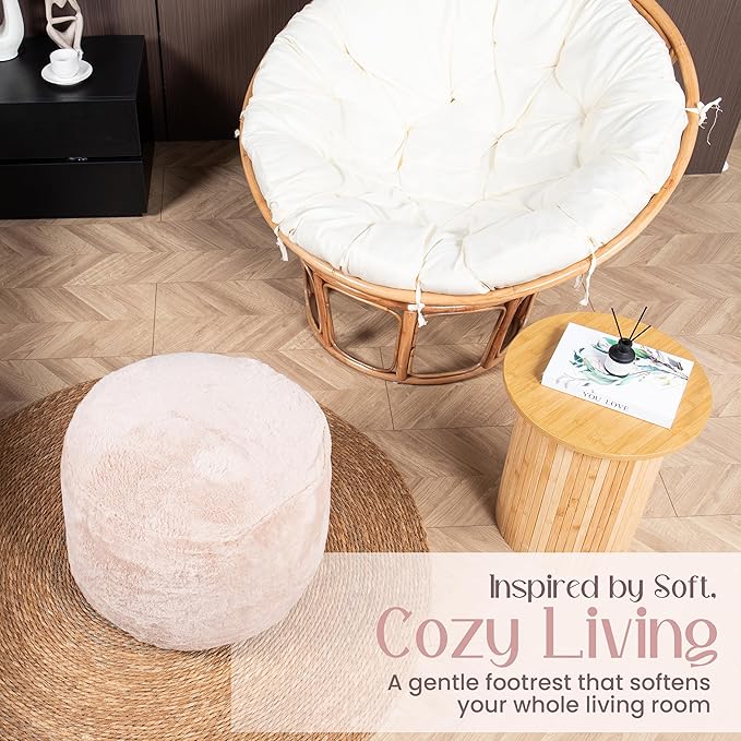 Cozy Plush Beige Pouf | Living Room Ottoman Footrest at 20 x 15 Inches | Soft, Non-Shedding Round Stool Sofa Ottoman with Supportive Foam Filling | Foot Rest for Couch