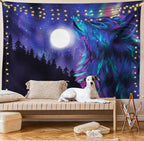 Ambesonne Moon Tapestry Twin Size, Northern Imagery Aurora Borealis Wolf Forest Starry Night, Wall Hanging Bedspread Bed Cover Wall Decor, 68" X 88", Magenta Indigo