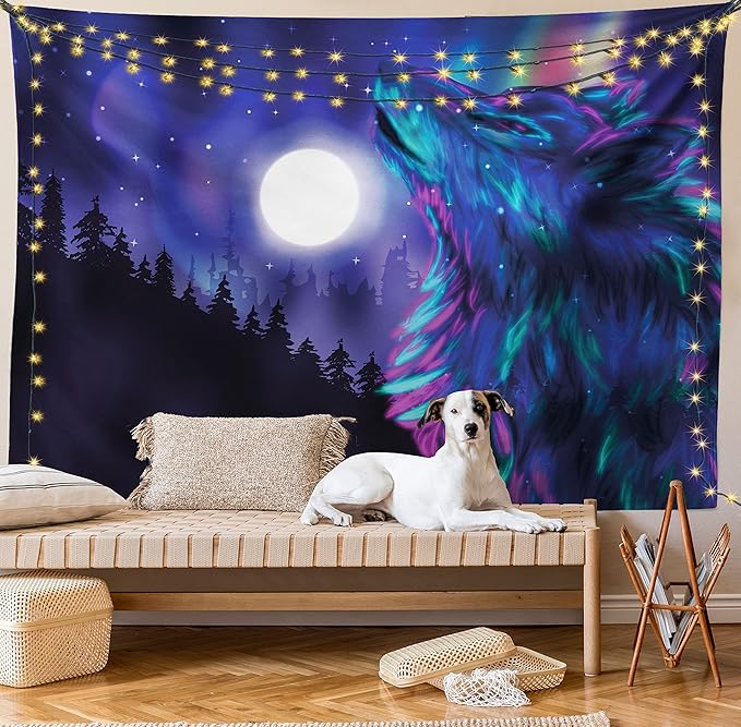 Ambesonne Moon Tapestry, Northern Imagery Aurora Borealis Wolf Forest Starry Night, Fabric Wall Hanging Decor for Bedroom Living Room Dorm, 23" X 28", Magenta Indigo