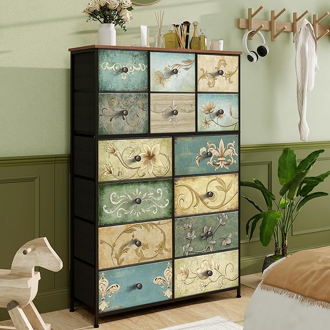 Tohomeor Dresser with Drawers for Bedroom Chest of Drawers Fabric Dresser for Closet,Nursery Entryway Hall Tree TV Stand for Living Room Retro Floral Pattern Drawers Wooden Top (14 Drawers)