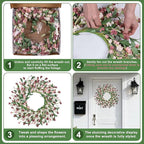 Wreaths for Front Door, 24 Inch Spring/Summer Front Door Wreath, Colorful Paper Flower Wreath for All Seasons for Indoor Home Wall Window Office Wedding Farmhouse Decor (Light Pink)