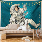 Ambesonne Outer Space Tapestry, Woman Astronaut Hands with Her Better Half Pop Art Style Comic Graphic, Fabric Wall Hanging Decor for Bedroom Living Room Dorm, 28" X 23", Beige Blue