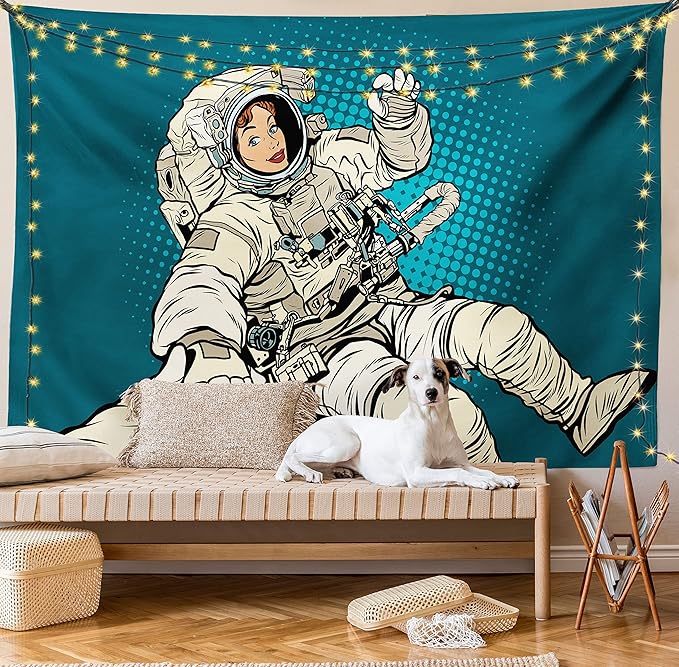 Ambesonne Outer Space Tapestry, Woman Astronaut Hands with Her Better Half Pop Art Style Comic Graphic, Fabric Wall Hanging Decor for Bedroom Living Room Dorm, 45" X 30", Beige Blue