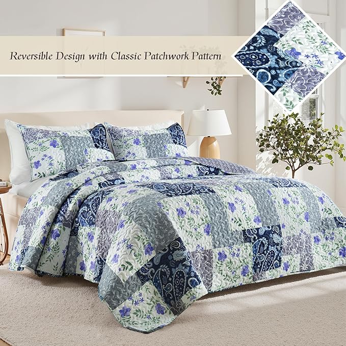 Whale Flotilla Patchwork Quilts Queen Size, Soft Boho Floral Bedspreads for Bed Reversible Lightweight Full Queen Quilt Bedding Set Coverlets with 2 Pillow Shams for All Seasons, Paisley Flowers