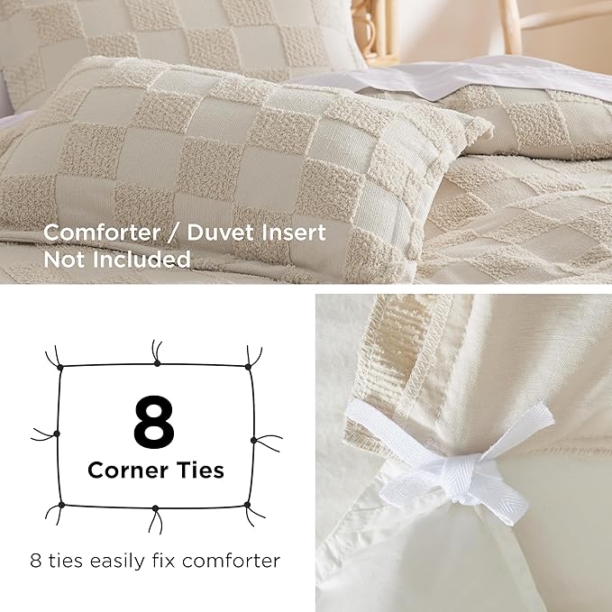 Bedsure Boho Kids Duvet Cover Queen Size（Duvet Insert/Comforter not Included - Checkered Duvet Cover Queenfor All Seasons,Soft Shabby Chic Boho Bedding (Beige, 90" x 90")