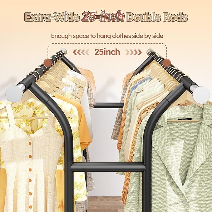 Raybee 74" W Heavy Duty Clothes Rack, Double Rods Clothing Rack Load 630 LBS, Rolling Clothes Racks for Hanging Clothes 400+, Garment Rack with shelves for Bedroom, Laundry Room, Retail Store