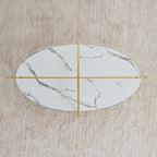 Oval Glass Coffee Table, Mid-Century Modern Design, L43 x W22 x H17 inch, Surfboard Shaped Clear Glass Top and White Marble Finish Wood Shelf, Tapered Legs with Gold Finish Frame