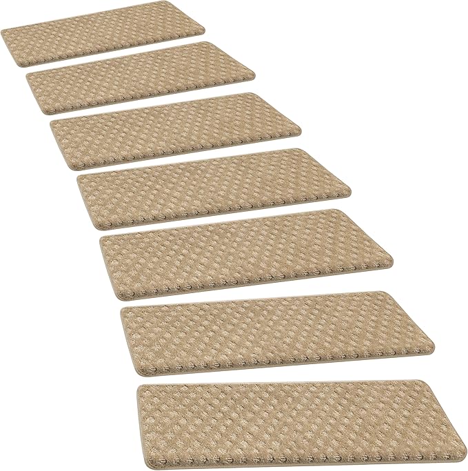 PURE ERA Bullnose Carpet Stair Treads Set Tape Free Non-Slip Indoor Stair Protectors Pet Friendly Rugs 9.5" x 30"(7 Pieces,Khaki Mini-Diamond Trellis)