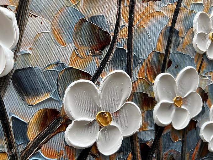 White Flower Canvas Wall Art Painting Hand-Painted Contemporary Art Works Living Room, Bedroom, Dining Room Wall Decoration 24x48 Inch