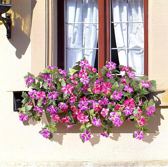 Artificial Hanging Fake Flowers with Basket Plants for Outdoor Decoration, Faux Silk Flower UV Resistant Morning Glory for Home Porch Patio Garden Balcony Yard Look Real (Fuchsia Lotus)
