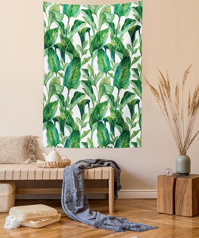 Ambesonne Leaf Tapestry Twin Size, Romantic Holiday Island Hawaiian Banana Trees Watercolored Image, Wall Hanging Bedspread Bed Cover Wall Decor, 68" X 88", Forest Green