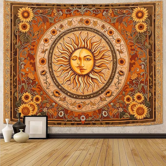 Accnicc Vintage Sun and Moon Tapestry Boho Yellow Orange Indie Wall Tapestry for Bedroom Aesthetic Sunflower Small Hippie Fall Tapestries Wall Hanging for Living Room Dorm 48 x 36 Inch