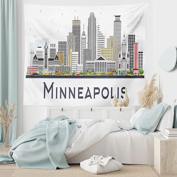 Ambesonne Minnesota Tapestry, Elevation of a Street in Minneapolis Image with High Detailed Facades, Fabric Wall Hanging Decor for Bedroom Living Room Dorm, 30" X 45", White Grey
