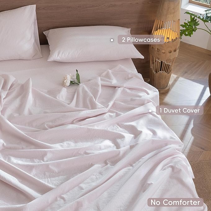 MooMee Striped Duvet Cover Set 100% Washed Cotton Linen Like Textured Breathable Durable Soft Comfy (Heathered Greyish Pink Pinstripes, Cal King 104"x98")