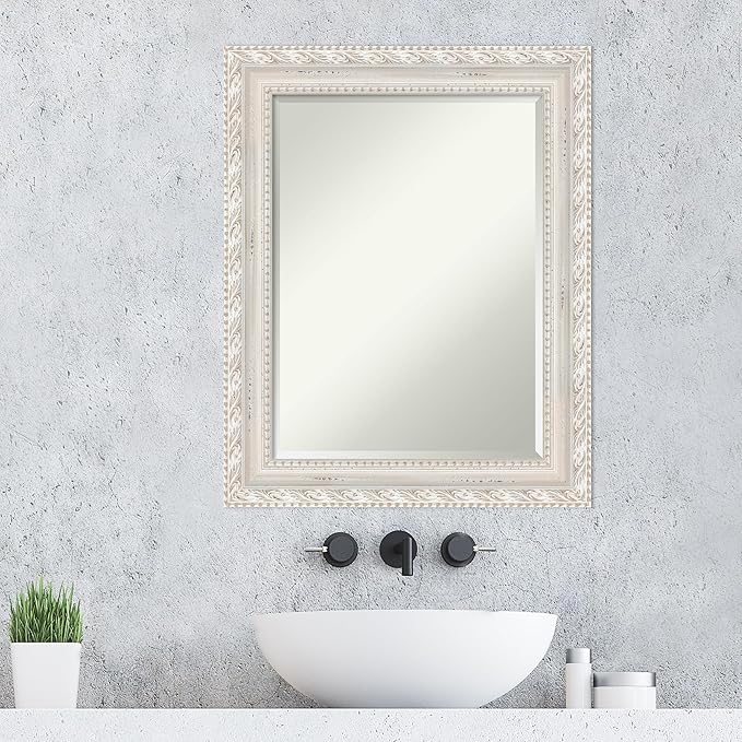 Amanti Art White Wall Mirror 30x24 Opera Off White Rectangle Bathroom Mirror for Wall Decor Living Room, Medium Traditional Wood Frame, Hangs Horizonally and Vertically, Bathroom Decor, Beveled Edge