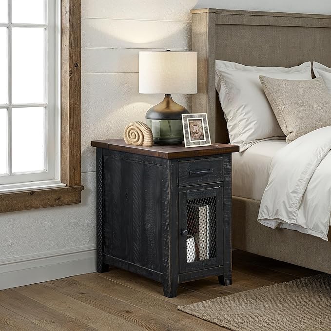 Martin Svensson Home Solid Wood Black and Brown Rustic Chairside End Table with Power and Storage