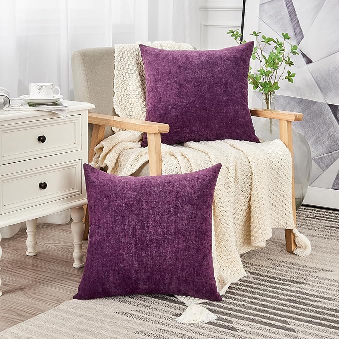 GAWAMAY Decorative Square Throw Pillow Covers 20"x20" Inch Set of 2, Super Soft Chenille Pillows Farmhouse Fall Pillowcase for Living Room Bedroom Sofa Couch Cushion Cover Purple 50x50cm (No Insert)