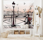 Ambesonne Music Tapestry King Size, Accordionist Playing Paris Street Urban European Famous City Panorama Graphic Scene, Wall Hanging Bedspread Bed Cover Wall Decor, 104" X 88", Peach Brown
