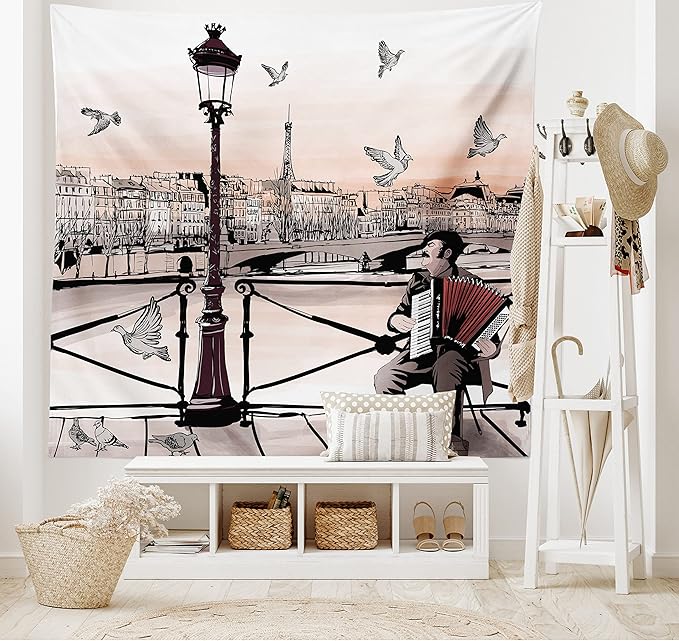 Ambesonne Music Tapestry King Size, Accordionist Playing Paris Street Urban European Famous City Panorama Graphic Scene, Wall Hanging Bedspread Bed Cover Wall Decor, 104" X 88", Peach Brown