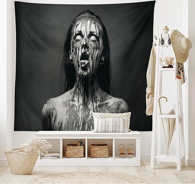 Ambesonne Zombie Tapestry King Size, Unusual Scream Monster Woman with Empty Eyes Looking up Horror Picture Design, Wall Hanging Bedspread Bed Cover Wall Decor, King Size, Black and White