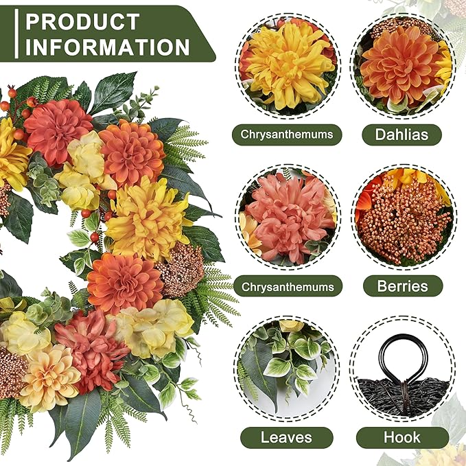 24-Inch Spring Wreath for Front Door with Hydrangeas Dahlias Daisy Silk Flowers and Berry Greenery for All Seasons Indoor Outdoor Wedding Farmhouse Porch Wall Living Room Home Wedding Decor