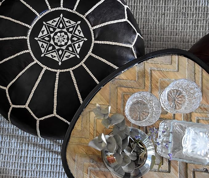 Poufs&Pillows Premium Moroccan Leather Pouf - Handmade - Delivered Stuffed - Ottoman, Footstool, Floor Cushion (Black)