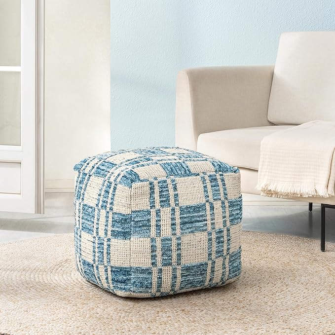 Anji Mountain 100% Handmade & Handcrafted Comfortable Home Décor Pouf Ottoman Footrest for Living Room, Bedroom, Nursery, Kidsroom, Patio Furniture - (20" x 20" x 20" - Blue)