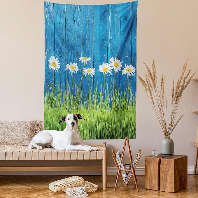 Ambesonne Flower Tapestry Queen Size, Fresh Springtime Grass and Daisy on Fence Summer Simple Vintage Style Print, Wall Hanging Bedspread Bed Cover Wall Decor, 88" X 88", Blue and Green