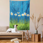 Ambesonne Flower Tapestry, Fresh Springtime Grass and Daisy on Fence Summer Simple Vintage Style Print, Fabric Wall Hanging Decor for Bedroom Living Room Dorm, 30" X 45", Blue and Green