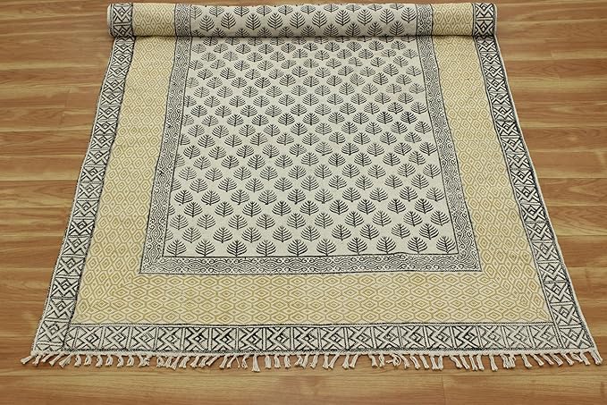 Kilim Rug 4x6 Area Rug Beige & Black Cotton Dhurrie Oriental Thick 0.19 inches Stone Easy Washable Rug Hand Wash Cotton Carpet Flatweave Rug Indoor Outdoor Rugs for Kitchen, Bedside, Enterway