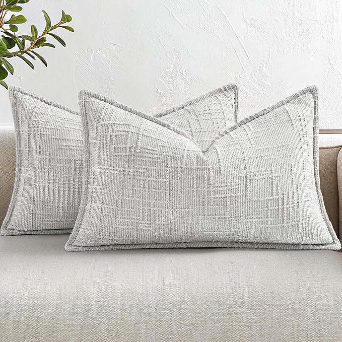 decorUhome Chenille Throw Pillow Covers 12x20 Set of 2, Thick Textured Slubby Neutral Decorative Pillow Covers with Elegant Design for Couch, Sofa, Living Room, Light Grey