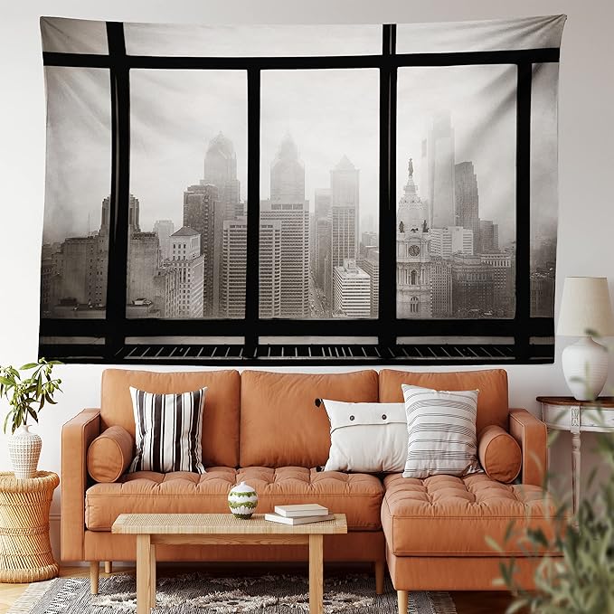 Ambesonne City Tapestry King Size, Philadelphia City Rooftop View Through Window Skyline Landmark Rooftop Travel, Wall Hanging Bedspread Bed Cover Wall Decor, 104" X 88", Grey Black