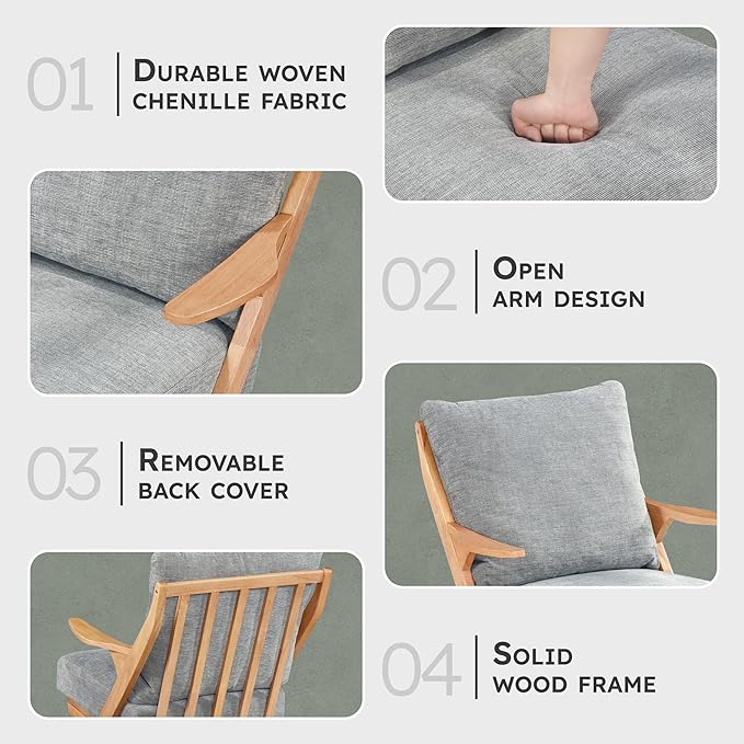 Lexicon Mid Century Modern Accent Chair, Natural Finish Solid Rubberwood Frame, Reversible Back Cushion, Woven Chenille Upholstered Reading Chair, for Living Room/Bedroom/Office, Grey