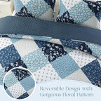 Exclusivo Mezcla Reversible Boho Quilts Queen Size, Blue Bedspreads Lightweight Coverlet All Season Patchwork Quilt Bedding Set with Printed Floral Pattern (1 Quilt, 2 Pillow Shams)