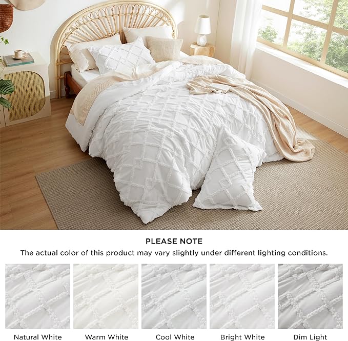 Bedsure Boho Comforter Set Twin - White Tufted Twin Size Comforter, 2 Pieces Farmhouse Shabby Chic Embroidery Bed Set, Soft Fluffy Geometric Pattern Bedding for All Seasons