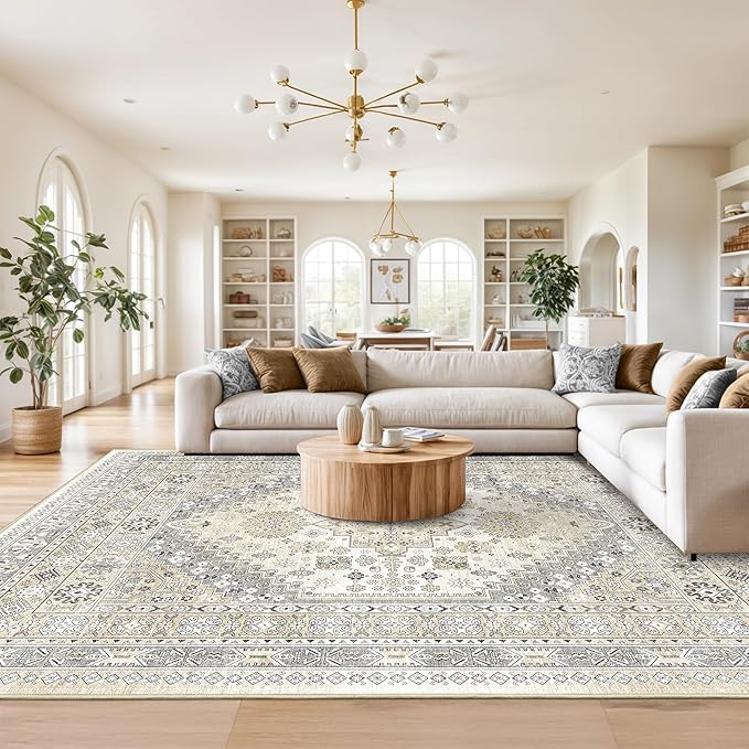 Washable Rugs 8x10 Area Rugs for Living Room, Non-Slip Backing Large Rug for Nursery Room, Vintage Floral Bedroom Rugs, Thin Indoor Home Decor Soft Farmhouse Rug (Beige,8'x10')