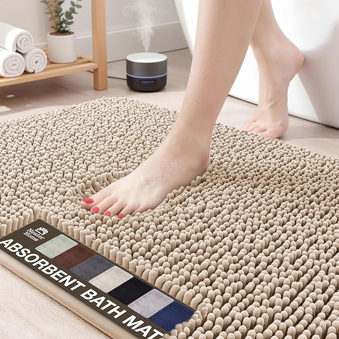 Neater Home Plush Bathroom Rugs 30x20 Thick Chenille Quick Dry Microfiber Absorbent Bath Mat, Soft Bath Rugs, Machine Washable Bathroom Floor Mat for Tub Shower Sink, Home Decor Accessories, Beige