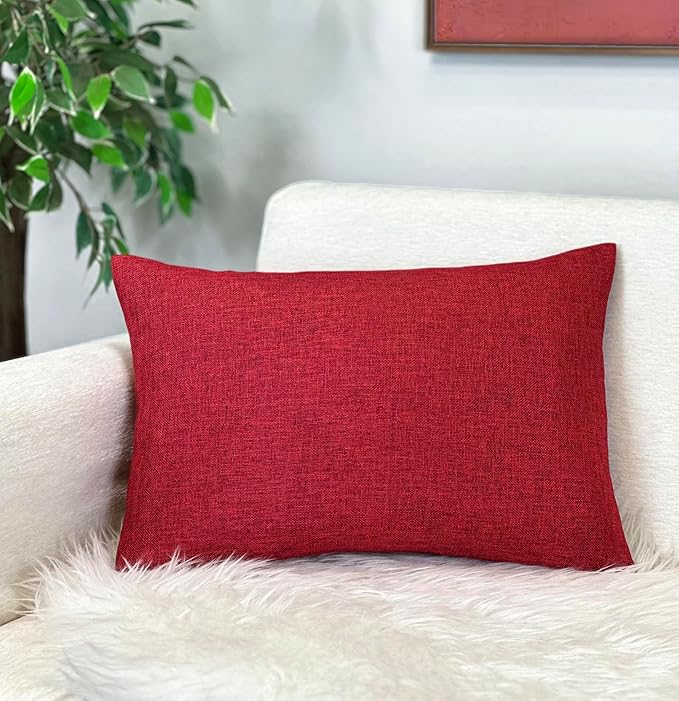 Aiking Home Woven Fine Faux Linen Throw Pillow Cover, Size 12"x18", Burgundy