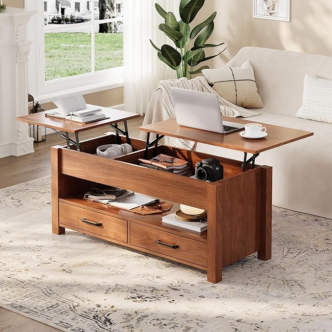 IDEALHOUSE 47.2" Coffee Table with Storage, Multi-Function Lift Top Coffee Table with Wooden Lift Tabletop, 2 Drawers and Hidden Compartment, Central Table for Living Room Home Office, Brown