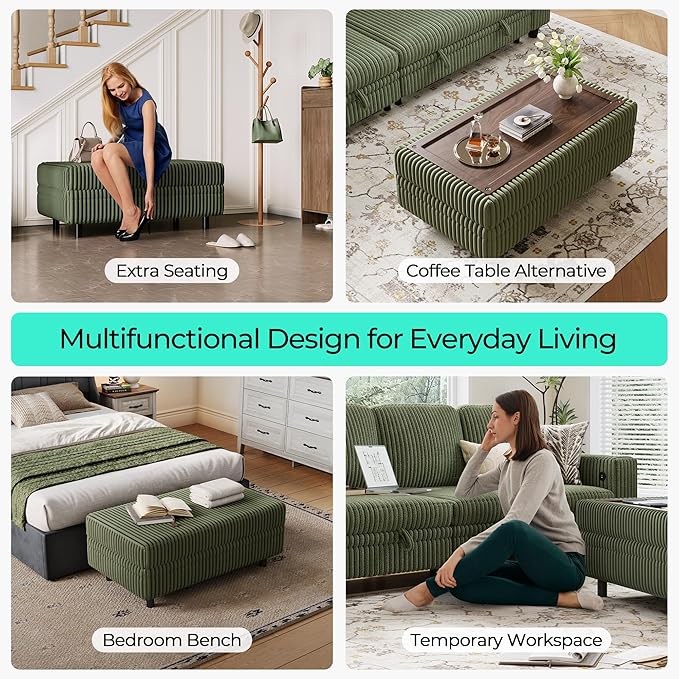 LINSY HOME Sectional Sleeper Sofa Storage Ottoman Bench, Convertible Coffee Table Plush Corduroy Couch Ottoman Footstool for Living Room, Bedroom Entryway and Family Room, Green