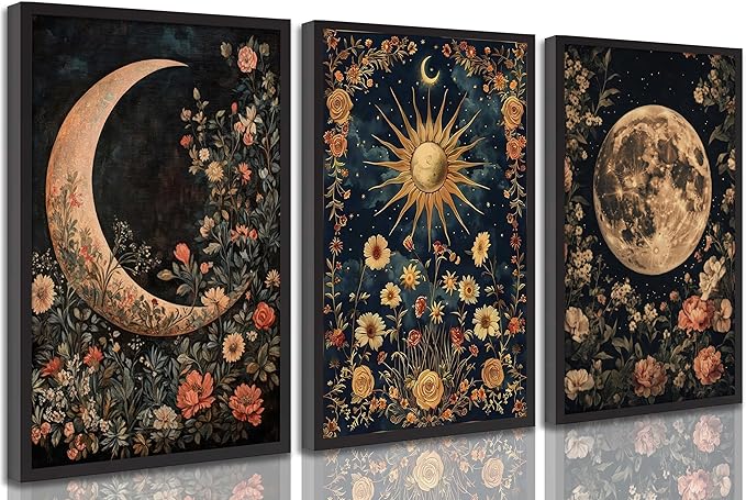 3Pcs Sun and Moon Celestial Canvas Wall Art Vintage Gothic Mystical Crescent Floral Plant Dark Academia Painting Picture Wall Decor Posters Print Artwork for Living Room Bedroom Decoration Unframed (16L" x 12W"-Poster)
