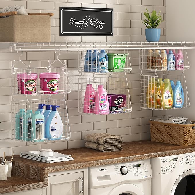 4-Tier Hanging Laundry Room Organizer: Foldable Wire Shelf Basket with 2 Large Hooks 1.65" & 360°Rotating Hooks – Space-Saving Laundry Storage Basket, for Wardrobe Closet Storage, White Patent