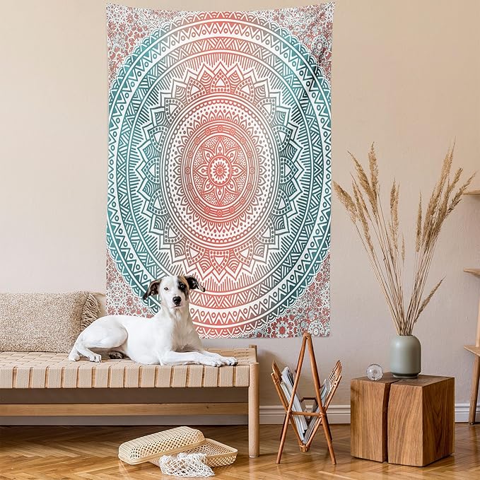 Ambesonne Teal and Coral Tapestry, Ombre Mandala Art Antique Gypsy Folk Pattern Cosmos Image, Wall Hanging for Bedroom Living Room Dorm Decor, 40" X 60", Teal Coral