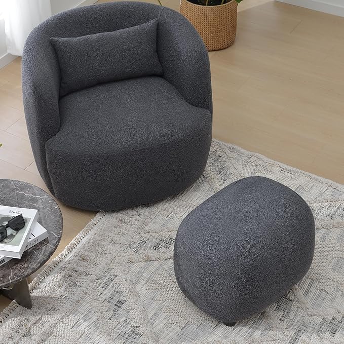 KINWELL 34" Boucle Swivel Barrel Chair with 23" Ottoman Set, Fully Assembled Set of Sherpa Accent Chair and Footrest, Modern Comfy Armchair and Footstool for Living Room and Bedroom, Dark Grey