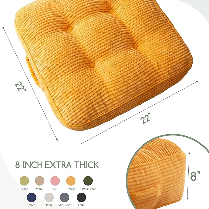 8" Washable Floor Pillow Cushion for Adults, Meditation Cushion Pillow, Large Square Floor Sitting, Removable Tufted Corduroy Cover, for Tatami Living Room or Yoga, 22x22 Inch, 2Pack, Machine Washable