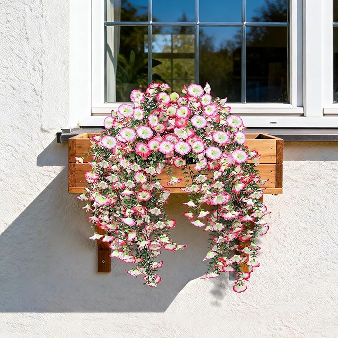 Artificial Hanging Flowers for Outdoors, 2 PCS UV Resistant Faux Silk 150 Morning Glory Each Trailing Vines, Fake Plants for Spring Outdoor Garden Planter Porch Patio Decoration, Pink