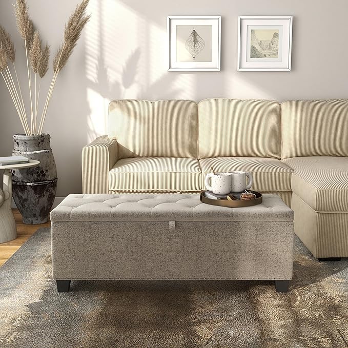 24/7 Shop at Home Sacallant Modern Linen Storage Bench with Button-Tufted Lift-Top, Upholstered Footstool, Rectangular Ottoman for Living Room, Bedroom, Entryway, Light Brown